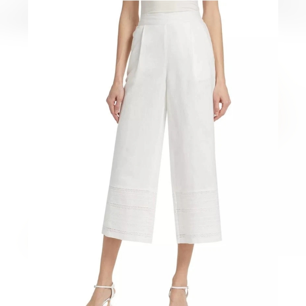 Elie Tahari Womens Linen Eyelet Embroidered Adelle Wide Leg Croppe Pants White S